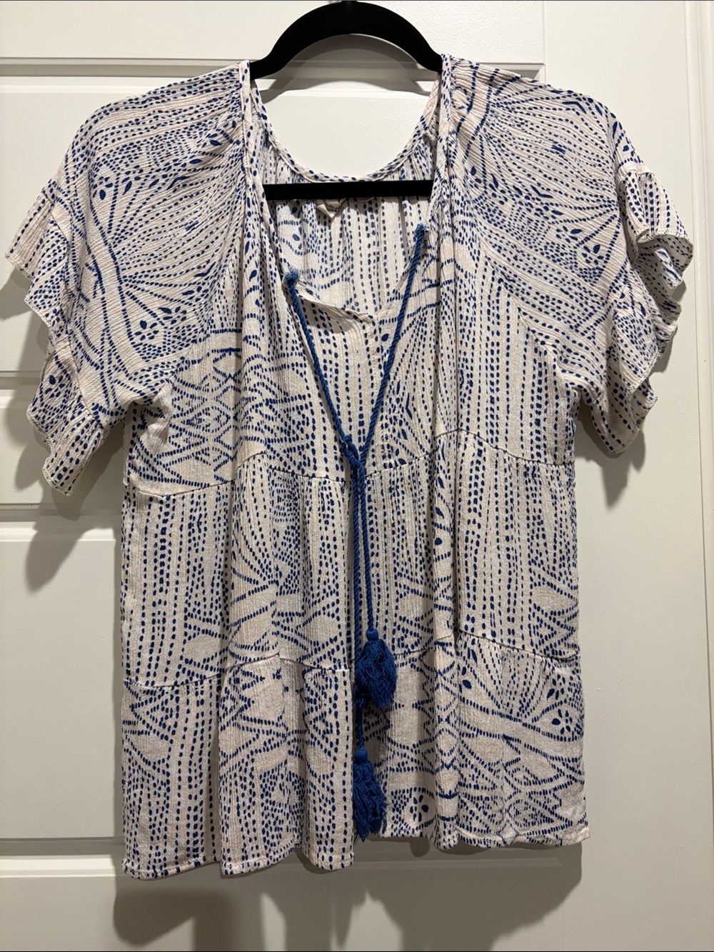 Grace and Emma Blue and White Boho Tassel Peasant Top
